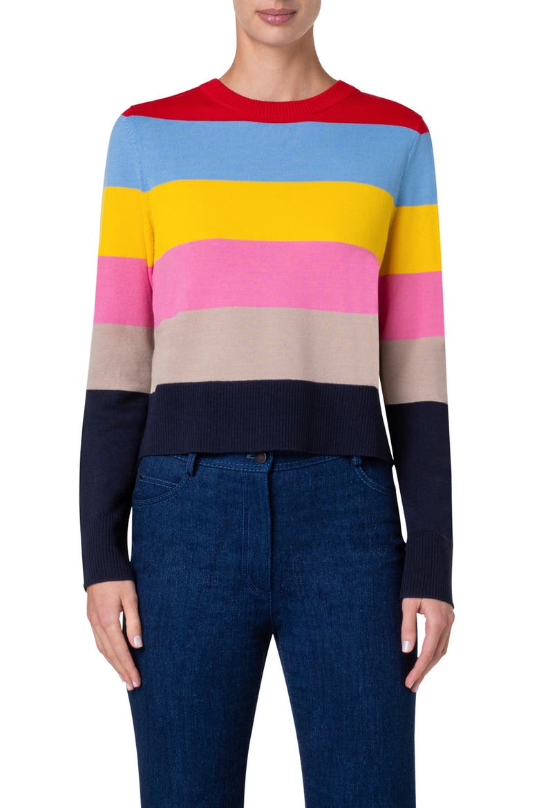 Colorblock Stripe Crewneck Sweater, Main, color, BLUE MULTICOLOR