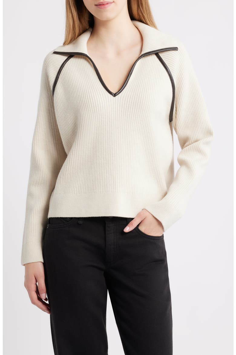 Caterina Faux Leather Piped Trim Polo, Main, color, IVORY