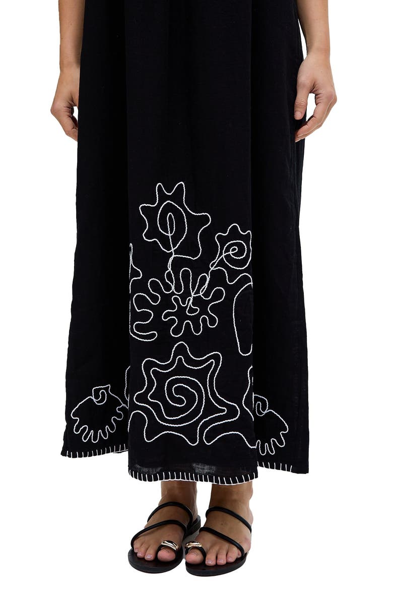 Candy Tabard Embroidered Hem Midi Dress, Alternate, color, Black
