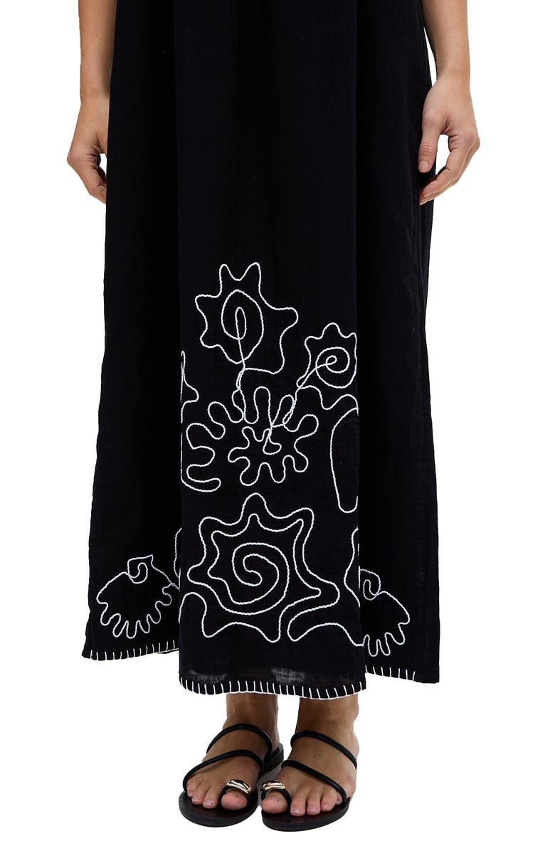 Raffya Candy Tabard Embroidered Hem Midi Dress, Alternate, color, Black