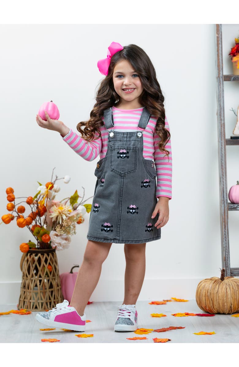 Mia Belle Girls Girls Skull Rock Denim Overall Dress Set, Alternate, color, Grey