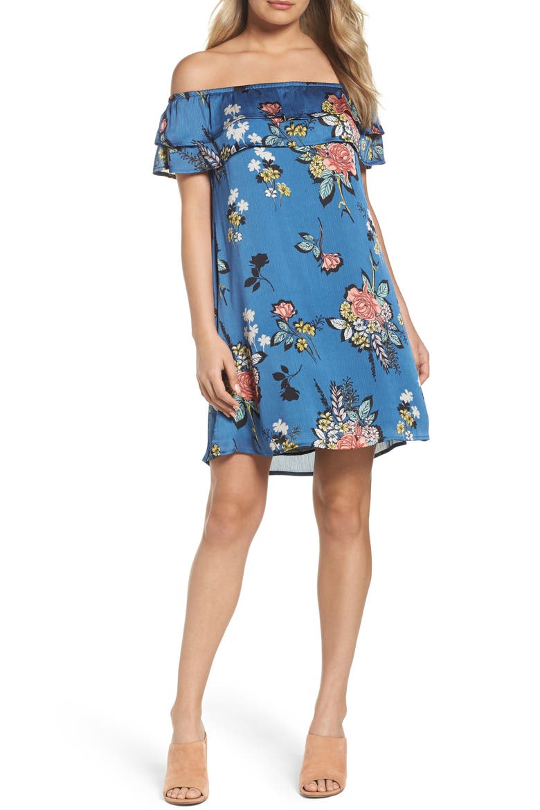 Off the Shoulder Ruffle Dress, Main, color, CHARCOAL FLOWER BLUE