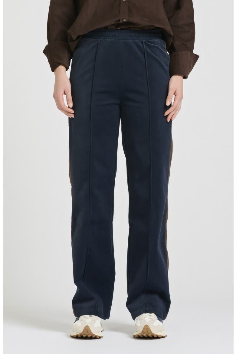 Lucille Velvet Track Pants, Main, color, FRENCH NAVY/ CHOCOLATE STRIPE