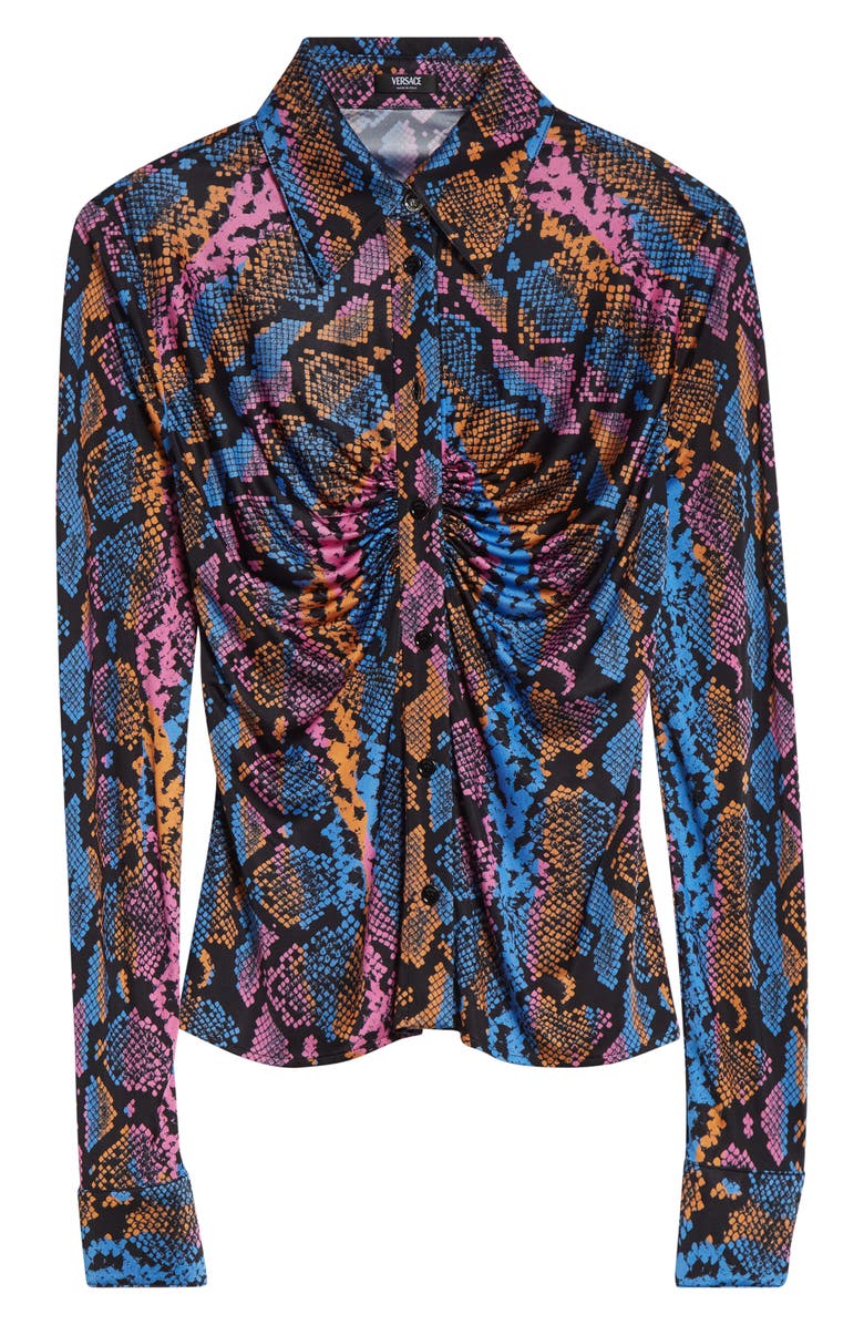 Versace Python Print Liquid Jersey Button-Up Shirt, Alternate, color, Sky Pink Sapphire Spice