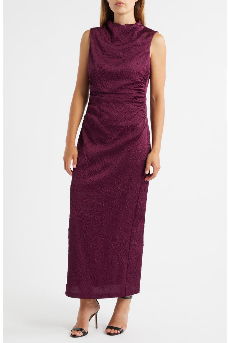 Leaf Jacquard Cowl Neck Sheath Dress, Main, color, BURGUNDY
