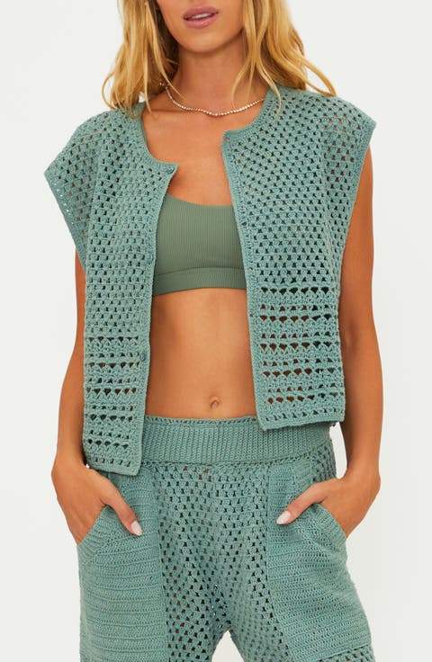 Misha Sleeveless Crochet Button-Up Top