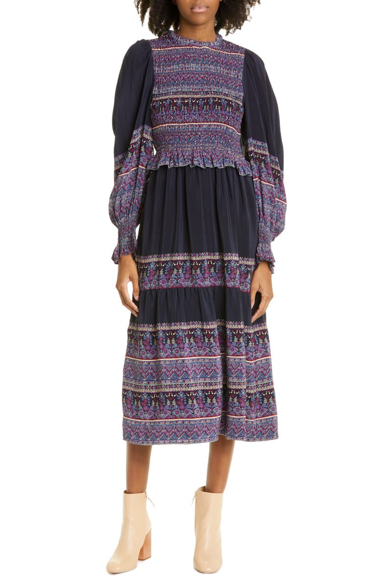 Sea Adella Long Sleeve Silk Midi Dress, Main, color,