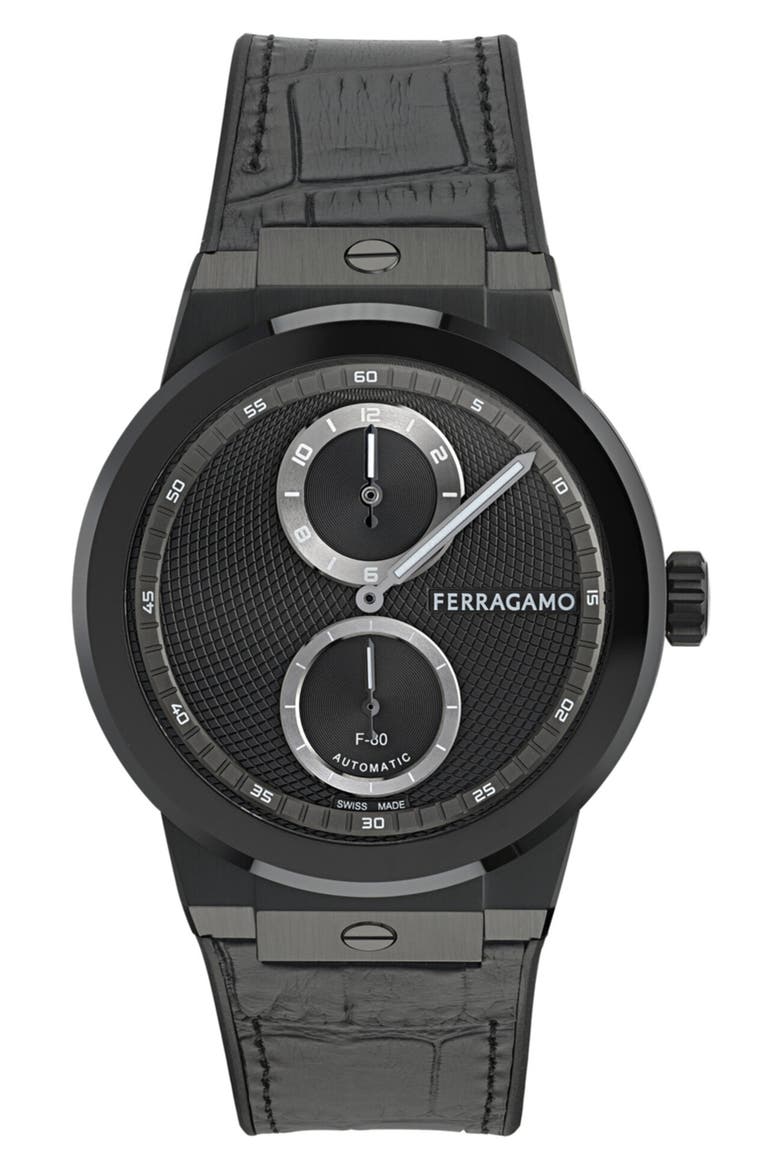 F-80 Manufacture Black Automatic Leather Strap Watch, 43mm, Main, color, IP BLACK