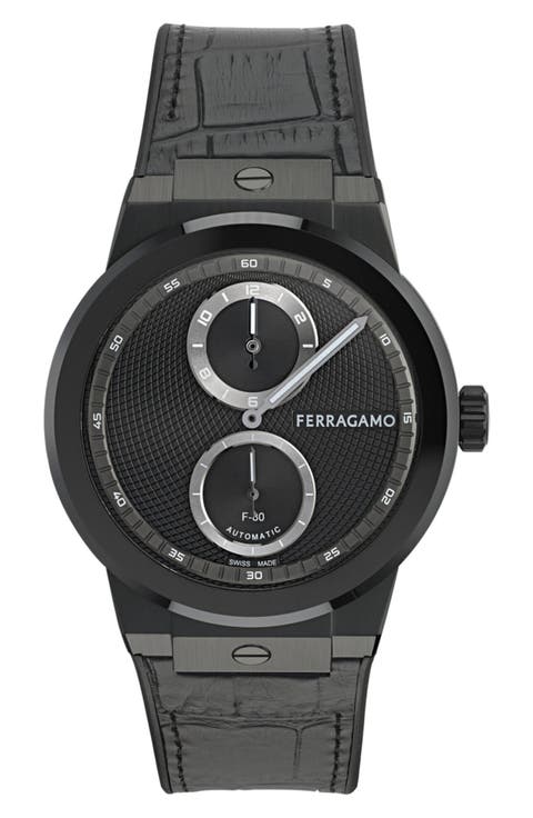 F-80 Manufacture Black Automatic Leather Strap Watch, 43mm