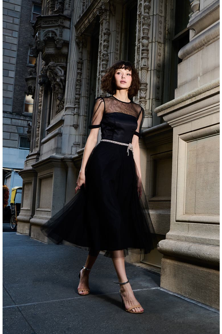 Tulle Overlay Illusion Neck Midi Cocktail Dress, Alternate, color, BLACK