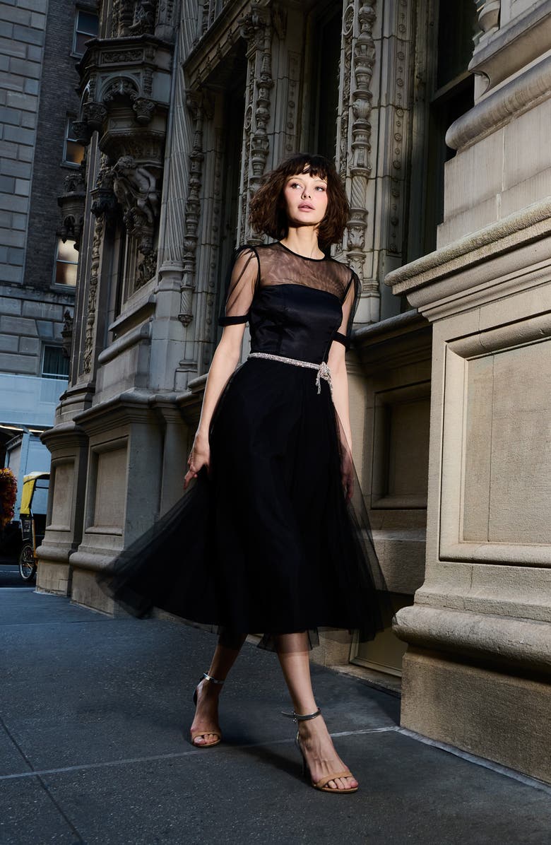 EMILY SHALANT Tulle Overlay Illusion Neck Midi Cocktail Dress, Alternate, color,