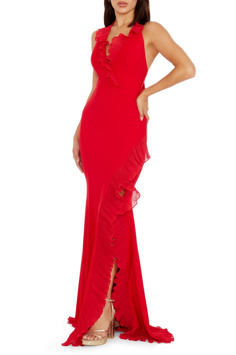 Kathleen Ruffle Halter Gown with Train, Alternate, color, ROUGE