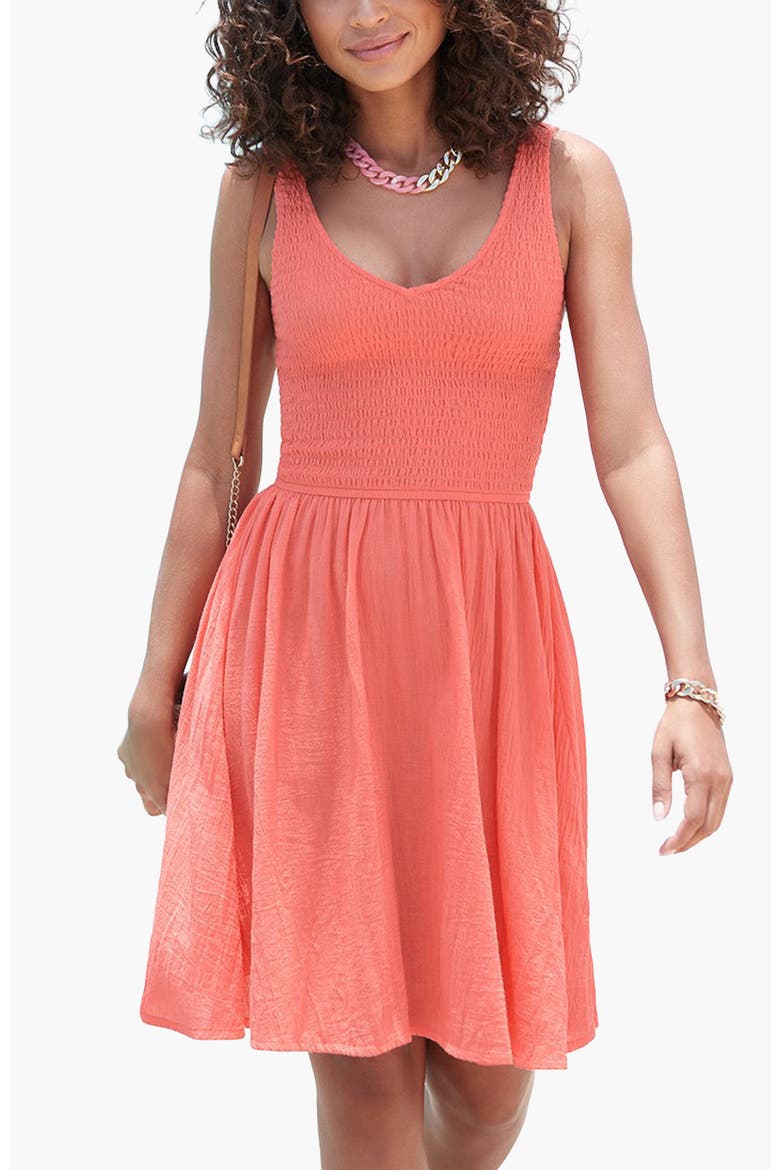 Women's Smocked V-Neck Dress, Main, color, Coral