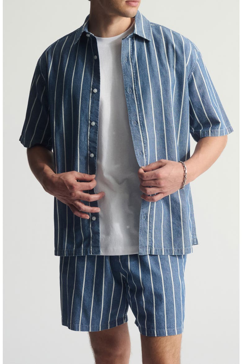 Stripe Short Sleeve Cotton Button-Up Shirt, Main, color, BLUE STRIPED
