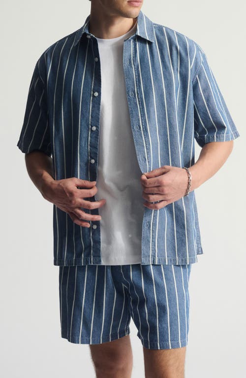 Brooklyn Industries Stripe Short Sleeve Cotton Button-up Shirt In Blue