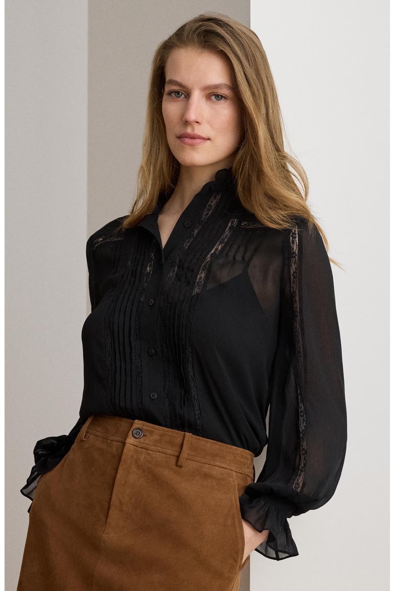 Lace Detail Georgette Button-Up Shirt, Alternate, color, BLACK