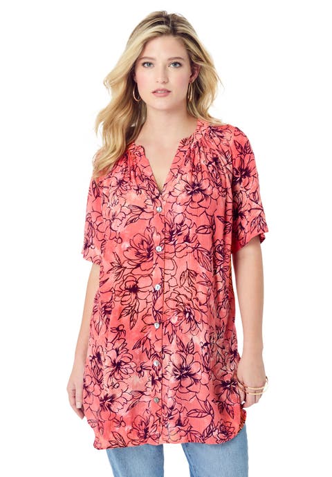 Plus Size Angelina Crinkle Crepe Y-Neck Short Sleeve Tunic (Plus)