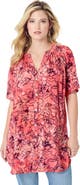 Roaman's Plus Size Angelina Crinkle Crepe Y-Neck Short Sleeve Tunic