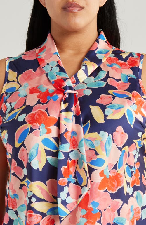 Tahari Asl Floral Sailor Tie Neck Sleeveless Top In Navy Coral Floral