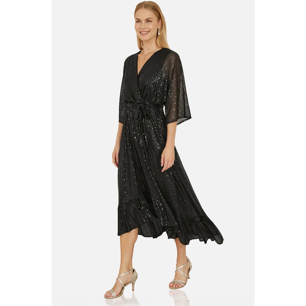 Yumi Sequin Kimono Midi Wrap Dress In Black