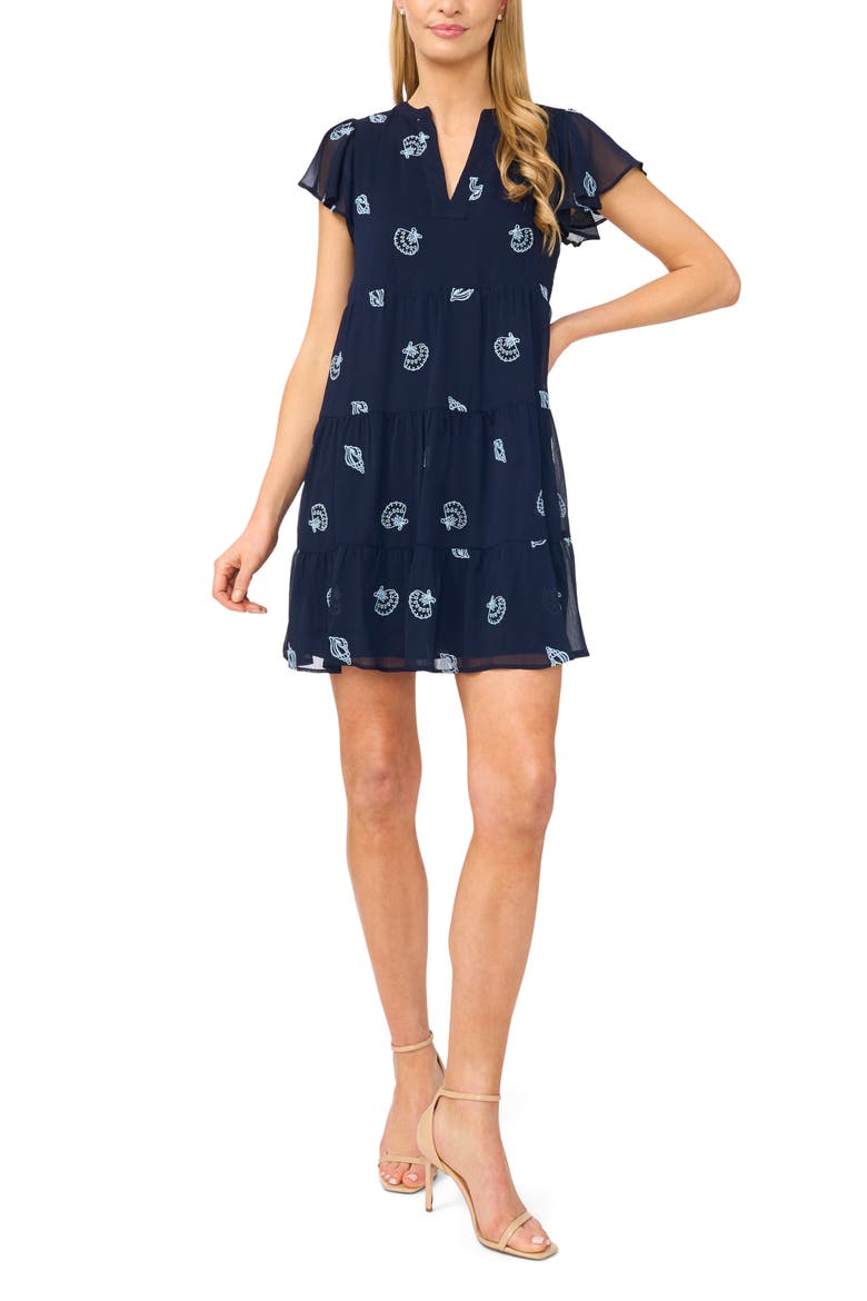 Embroidered Shell Detail Flutter Sleeve Minidress, Main, color, CLASSIC NAVY