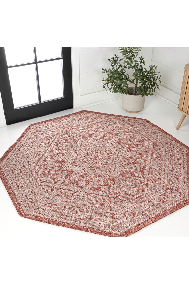 Sinjuri Medallion Textured Weave Octagon Indoor/Outdoor Area Rug, Alternate, color, Red/Taupe