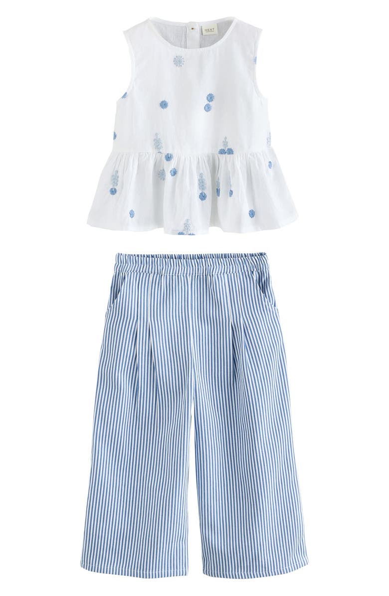 NEXT Kids' Embroidered Cotton & Linen Peplum Top & Stripe Pants Set, Main, color, White/Blue