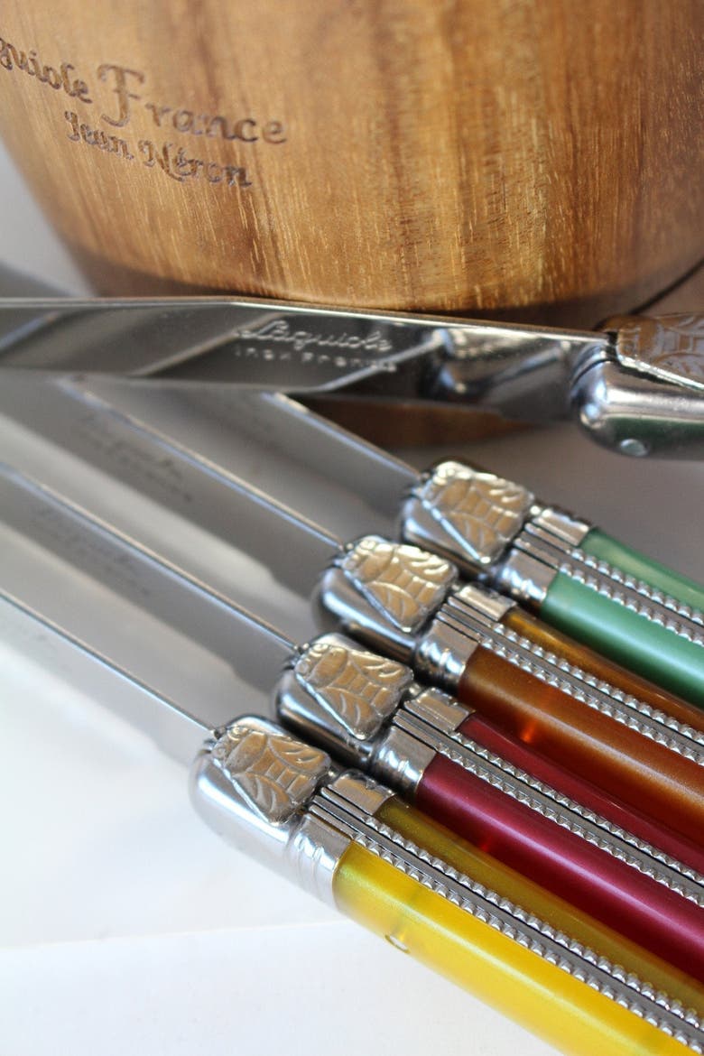 6 Piece Steak Knife Set, Platine Rainbow in Wood Box with Acrylic Lid, Alternate, color, Beige