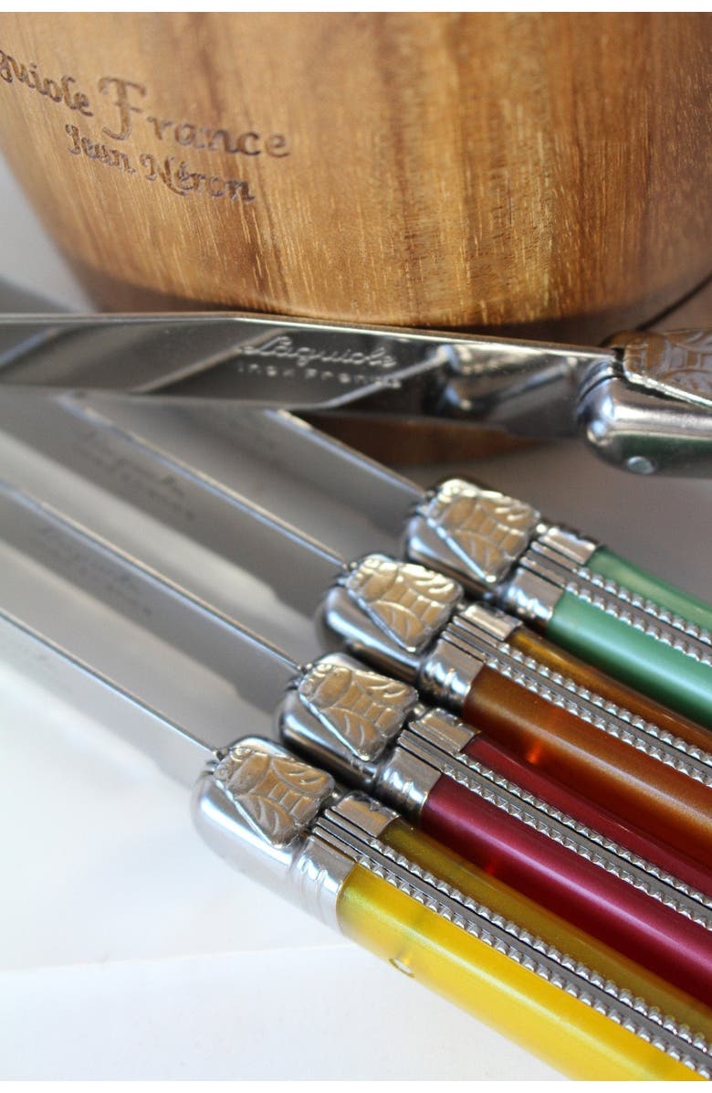 Be Home Laguiole 6 Piece Steak Knife Set, Platine Rainbow in Wood Box with Acrylic Lid, Alternate, color, Beige