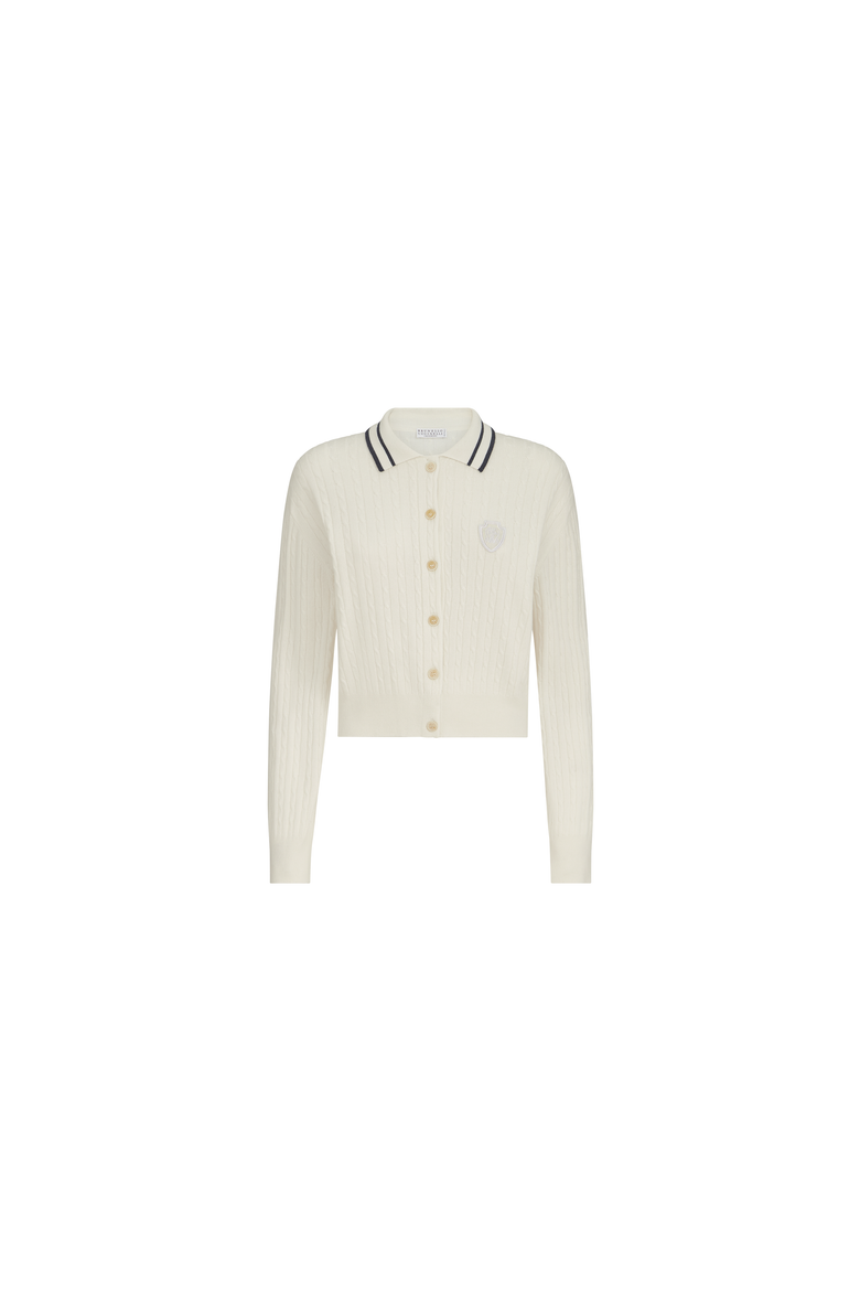 Cashmere cable knit polo shirt with logo, Alternate, color, Milk