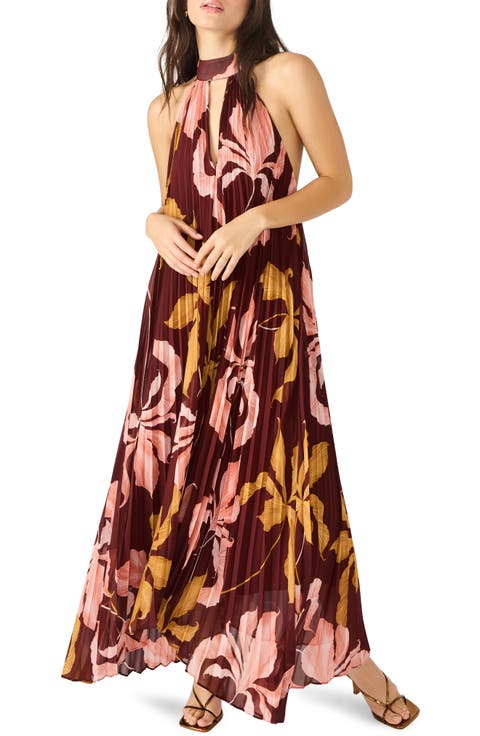 Maraya Floral Pleated Halter Neck Maxi Dress