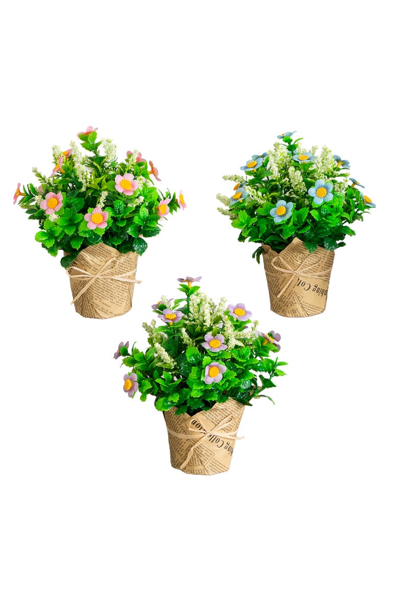 8-in Artificial Daisy Plant in Newspaper Wrapped Planter - Set of 3, Main, color, Assortment 2
