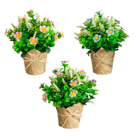 8-in Artificial Daisy Plant in Newspaper Wrapped Planter - Set of 3