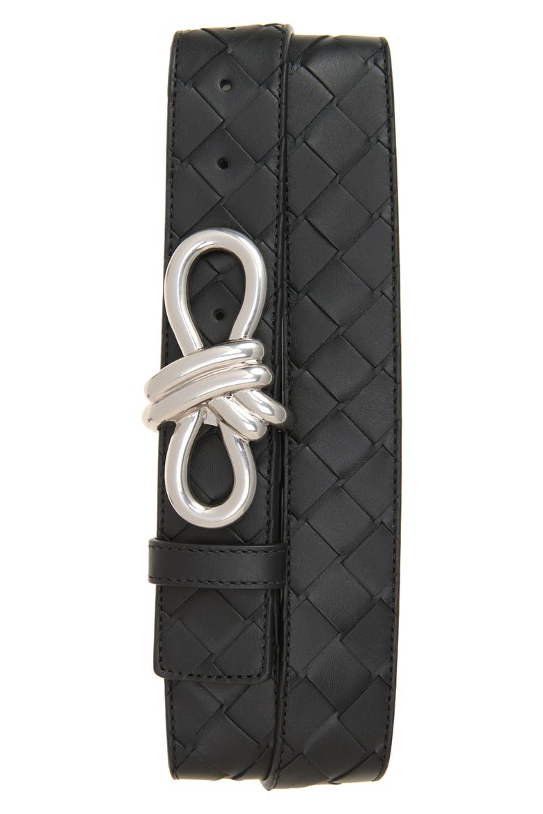 Knot Buckle Intrecciato Belt, Main, color, 8803 BLACK/ SILVER