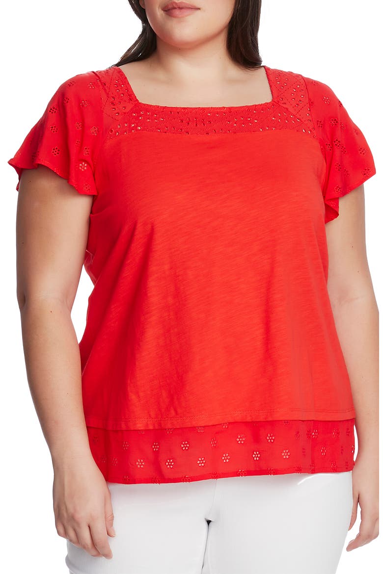 Eyelet Detail Short Sleeve Cotton Blend Layered Top, Main, color, BRIGHT LADYBUG