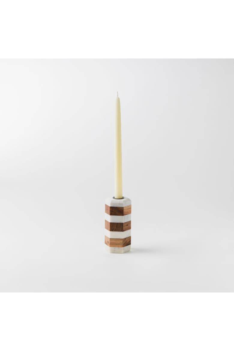 Striped Marble & Acacia Candleholders, Alternate, color, White