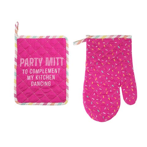Party Mitt Pot Holder & Oven Mitt Set of 2 Cotton Pink