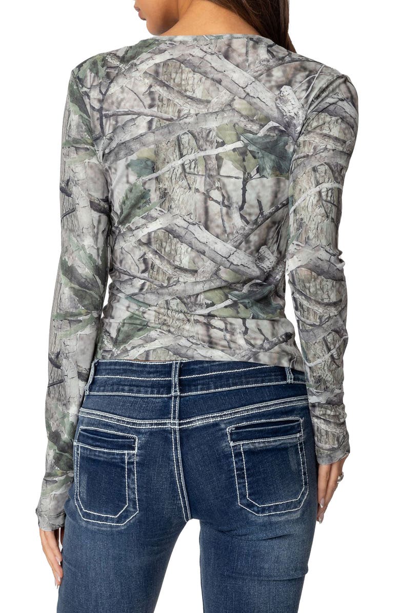EDIKTED Camo Babe Mesh Long Sleeve Top, Alternate, color, Olive