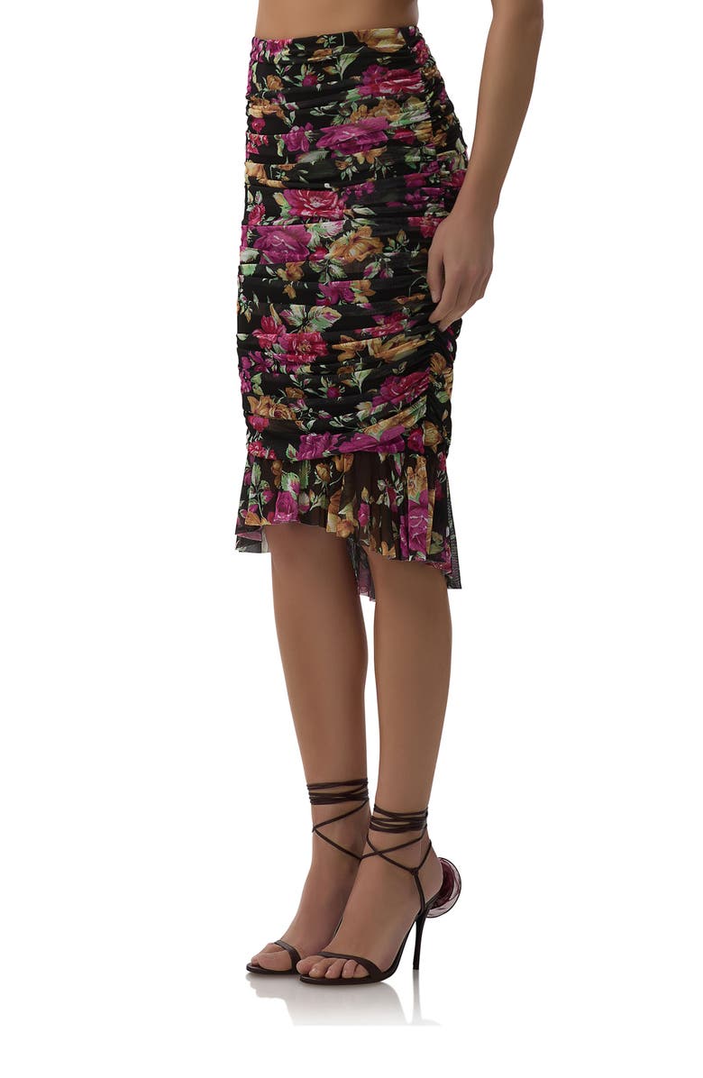 AFRM Ronica Ruched Mesh High-Low Skirt, Alternate, color, Dusted Floral