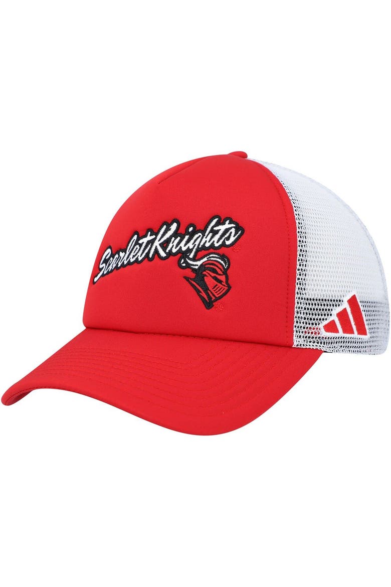 Men's adidas Scarlet Rutgers Scarlet Knights Script Trucker Snapback Hat, Main, color, Scarlet