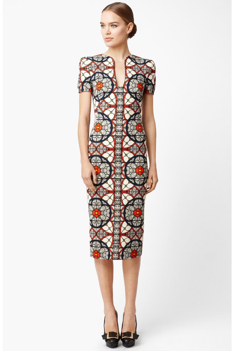 Alexander McQueen Stained Glass Print Wool Crepe Dress, Main, color, GOLD