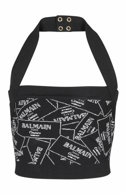 Knit Halterneck Top With Balmain Label Motif