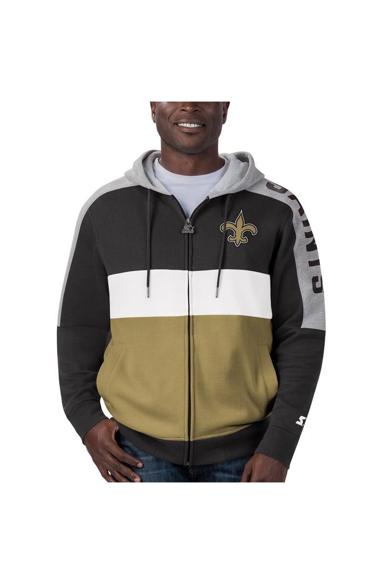 STARTER Men's Starter Black/Gold New Orleans Saints Playoffs Color Block Full-Zip Hoodie, Alternate, color, Black