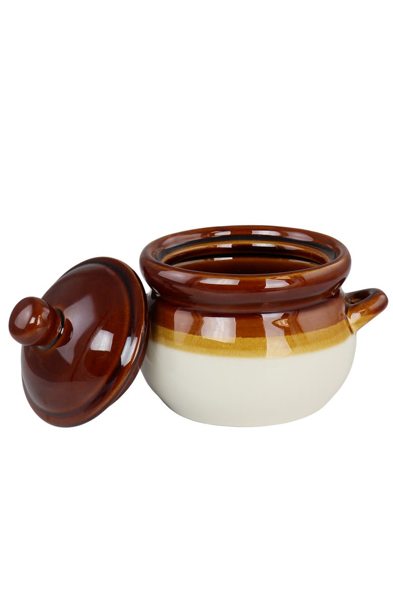 Elama 4 Piece Double Handle 15 Ounce French Onion Soup Bowl with Lid, Alternate, color, Brown