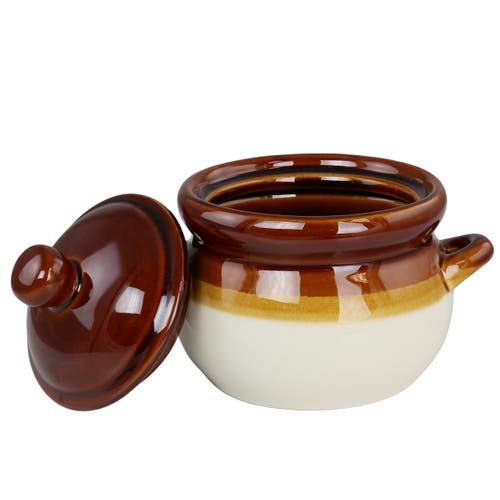 Elama 4 Piece Double Handle 15 Ounce French Onion Soup Bowl With Lid In Brown
