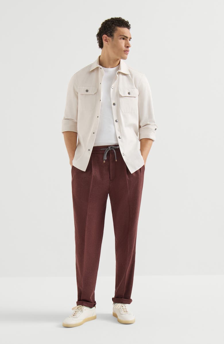 Brunello Cucinelli Virgin wool and cashmere flannel trousers with drawstring and double pleats, Alternate, color, Burned