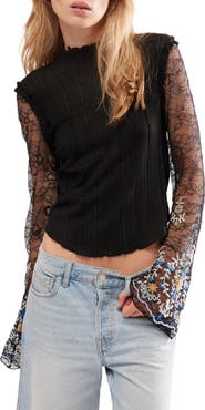 Free People Don't Blame Me Sheer Lace Sleeve Rib Top