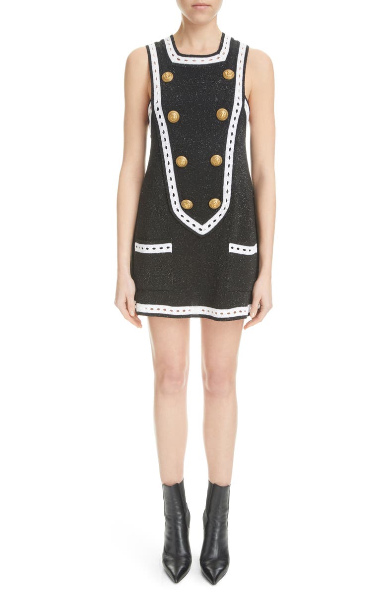 Balmain Eight-Button Metallic Knit Dress, Main, color,