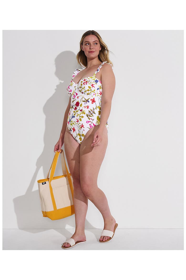 Plus Size Balconette Ruffle High Leg One Piece Swimsuit, Alternate, color, White Multi Garden Floral