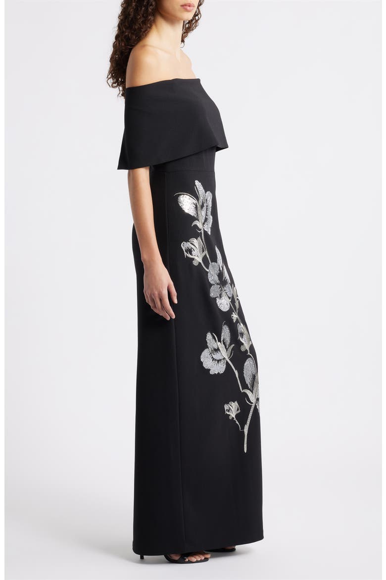 Metallic Sequin Placed Floral Embroidery Strapless Gown, Alternate, color, BLACK
